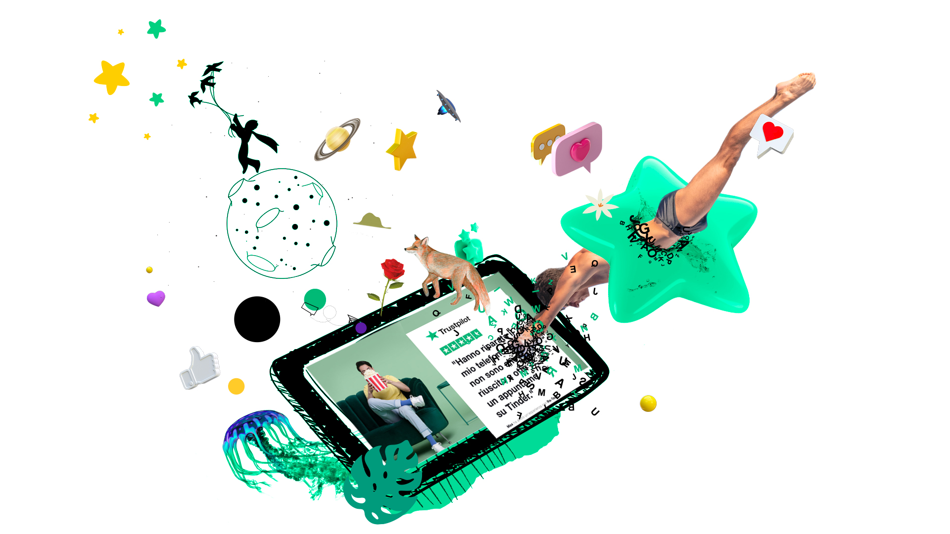 grafica di tablet con ragazzo che ci si tuffa dentro, stelle, pianeta, medusa rosa, volpe