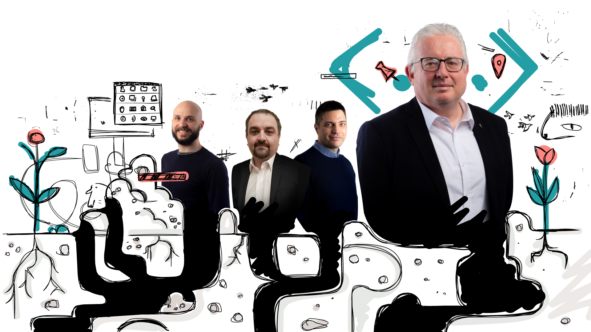 Team sviluppatori su fondo disegnato