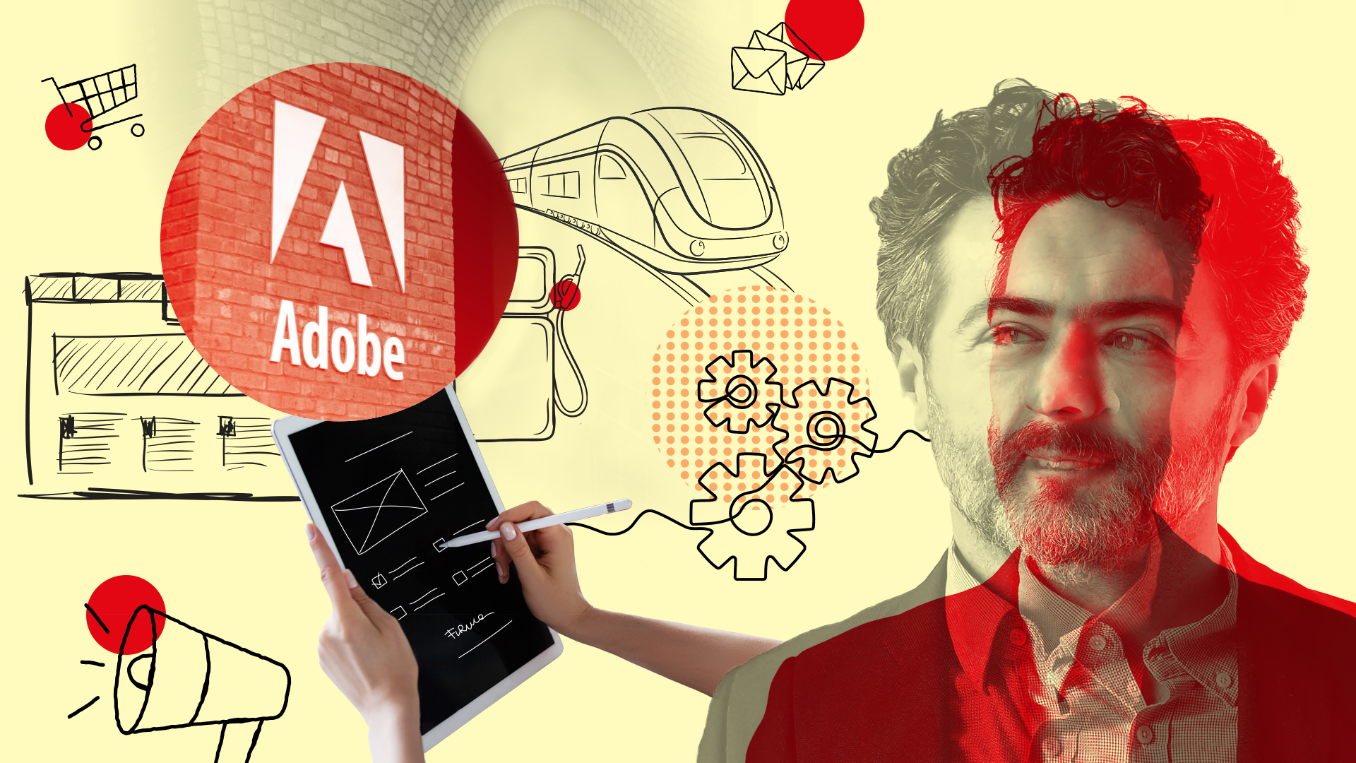 Logo adobe con elementi grafici: lavagnetta, megafono, treno