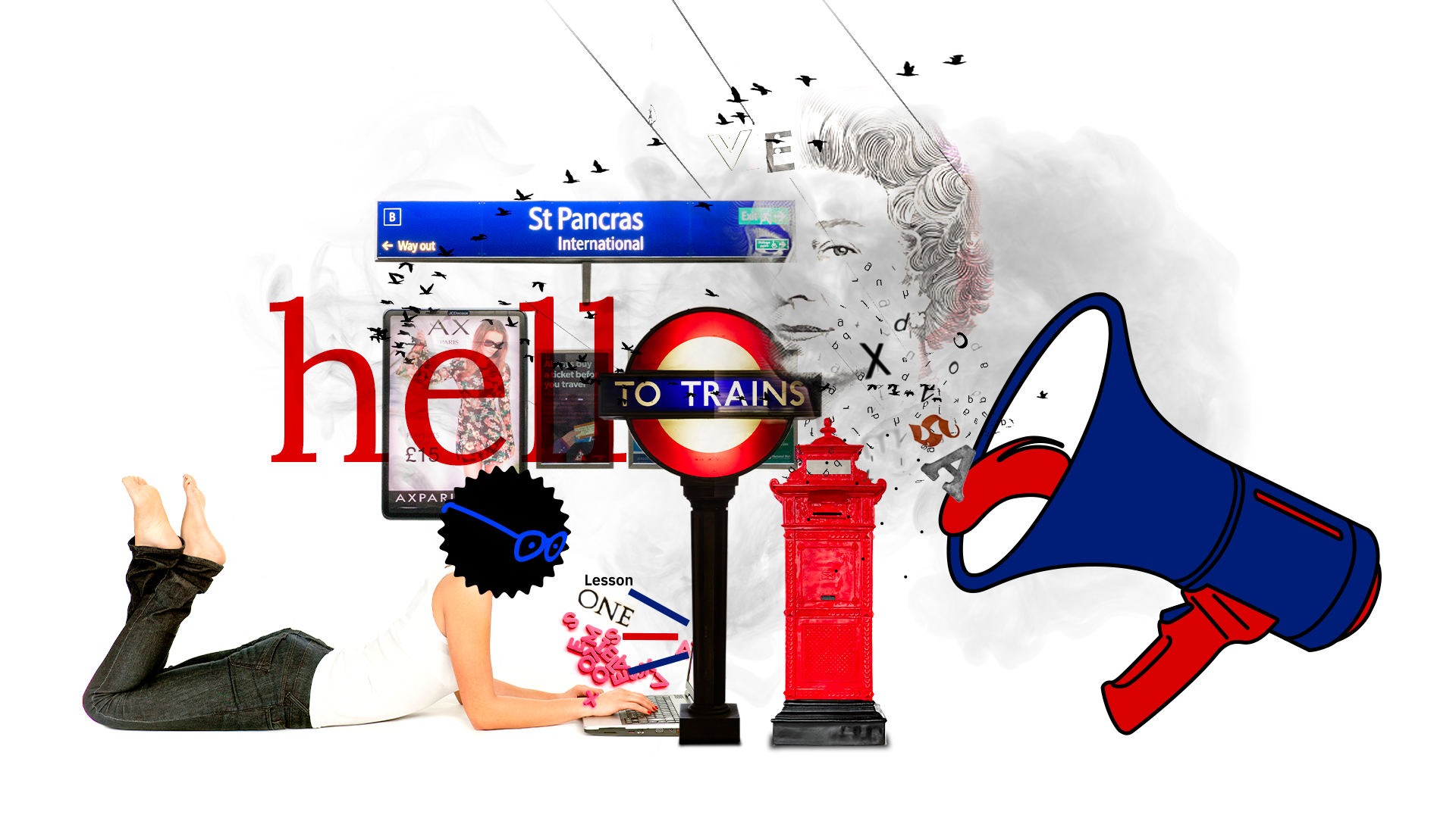 grafica con simboli di Londra e colori della bandiera inglese rosso, bianco e blu