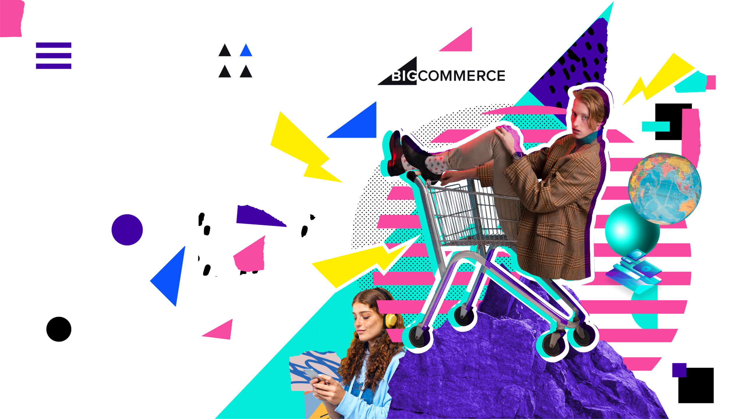 Big commerce, elementi grafici, ragazza con le cuffie e telefono in mano, ragazzo dentro un carrello per la spesa, mappamondo