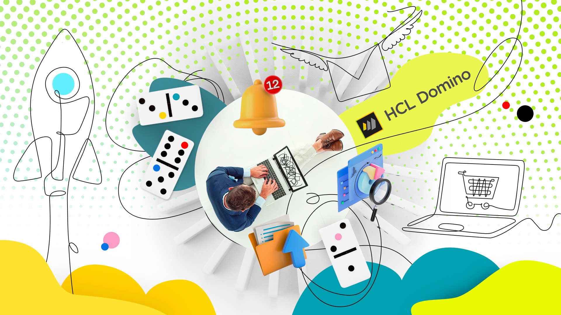 grafica colorata con razzo, elementi domino, ragazzo al pc, scritta HCL Domino