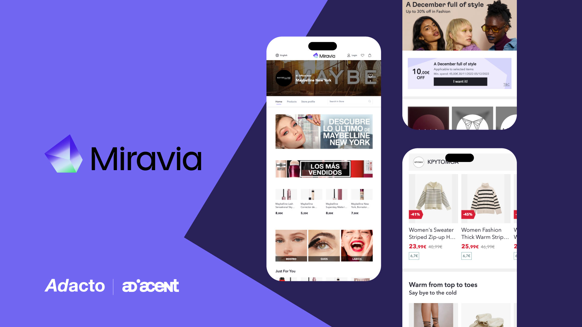 Fotocomposizione logo Miravia e schermate del market place su mobile