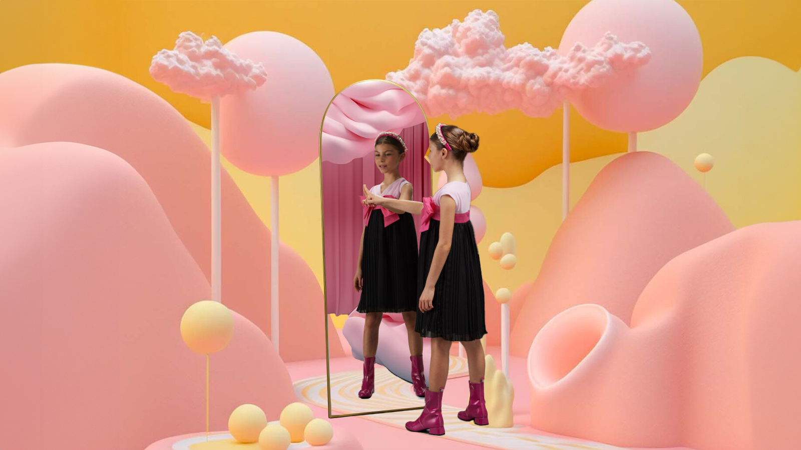 Bambina allo specchio con vestito nero e rosa e stivaletti fucsia su fondo 3d nuvole roa