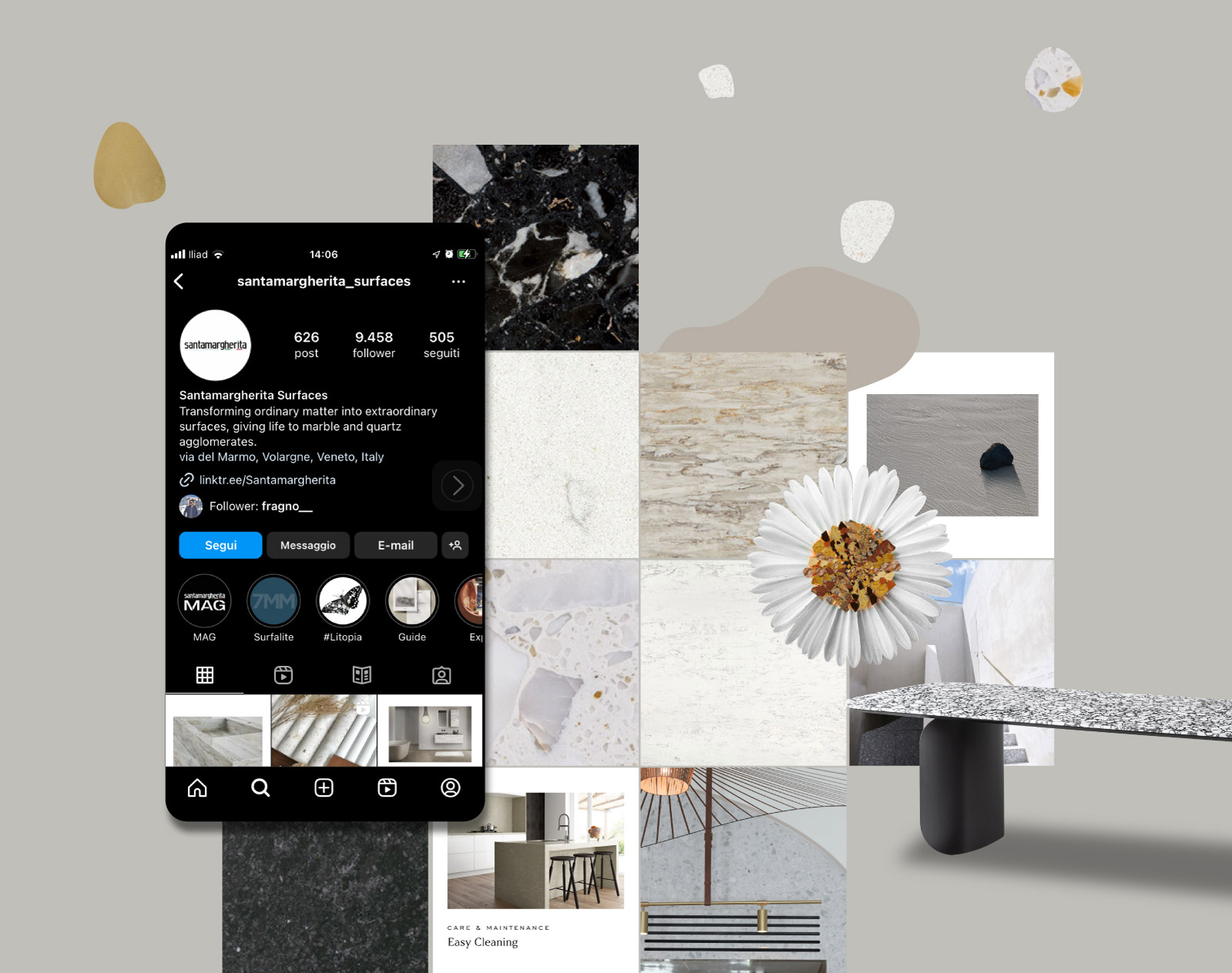 fotocomposizione: schermate instagram con foto di pavimenti e tavolo in marmo