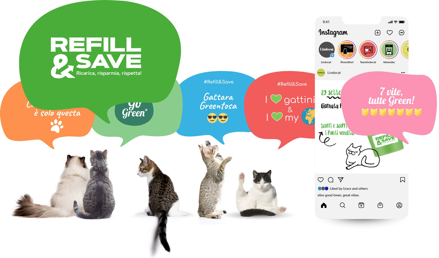 Gatti con fumetti: go green, gattara greentosa, i love gattini, 7 vite tutte green