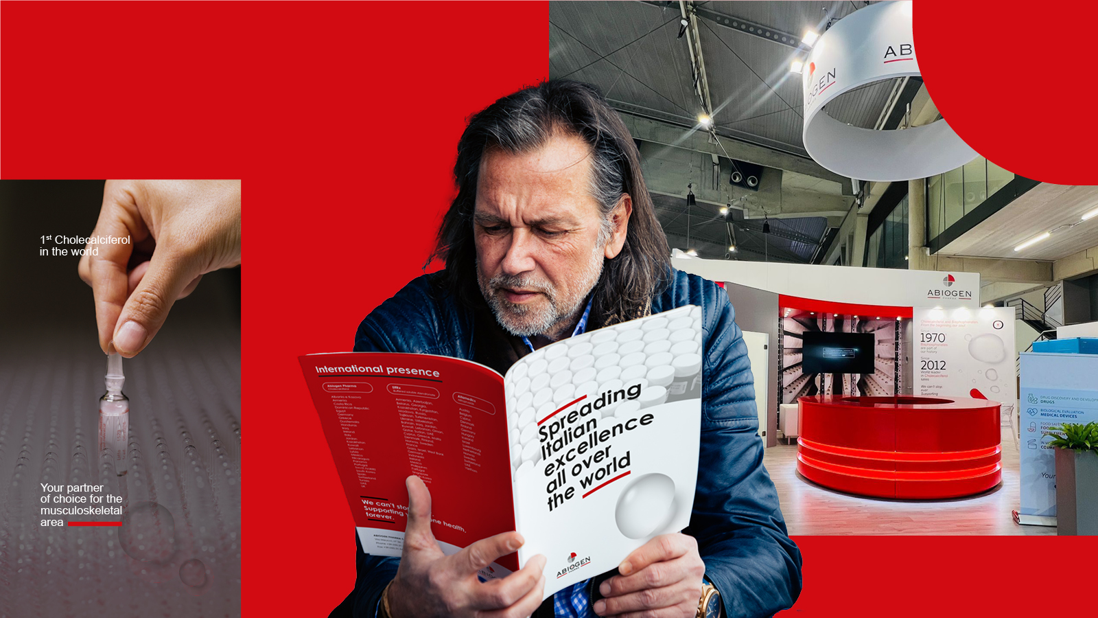 Brochure e stand Abiogen su fondo rosso