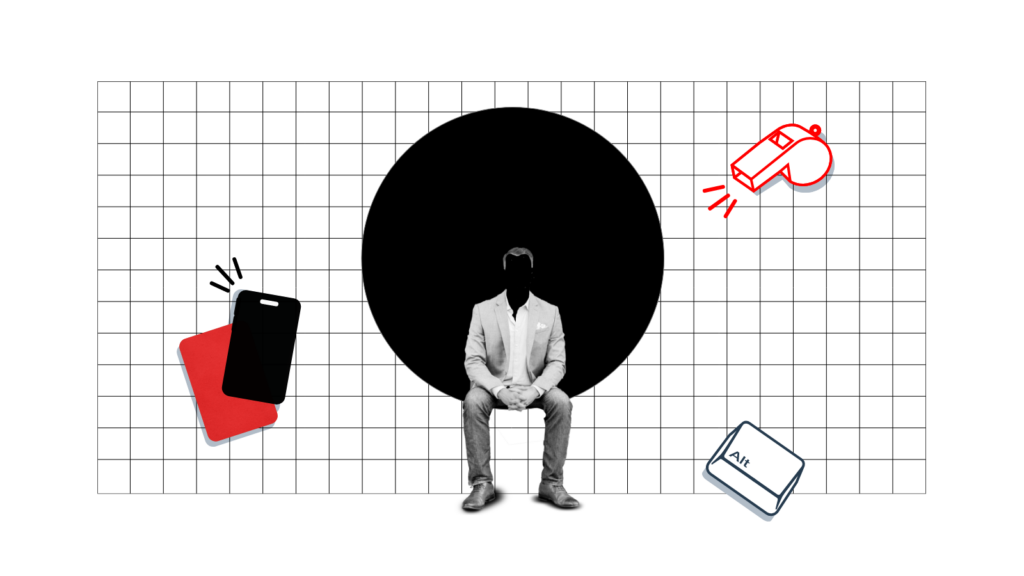 Fondo a quadretti con uomo senza volto seduto su cerchio nero
