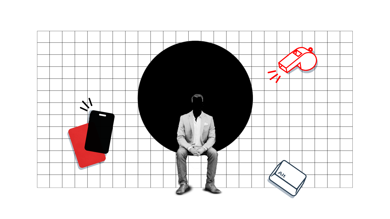 Fondo a quadretti con uomo senza volto seduto su cerchio nero