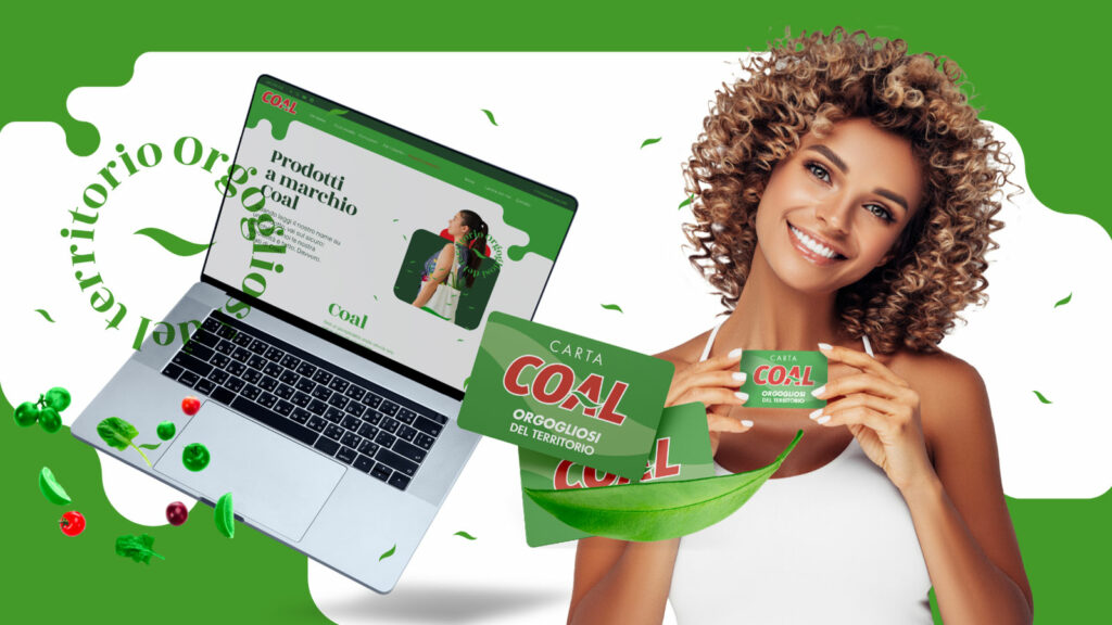 Ragazza con in mano Carta supermercati Coal e computer con schermata del sito Coal