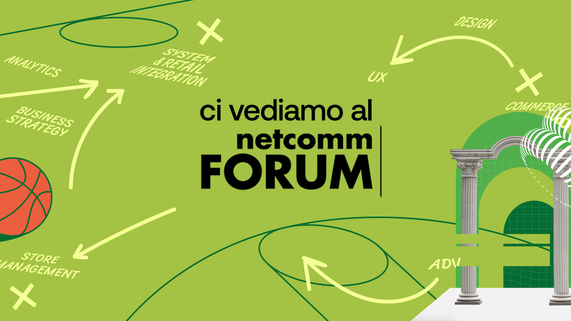 Ci vediamo al netcomm Forum su fondo verde con palla da basket e colonne antiche