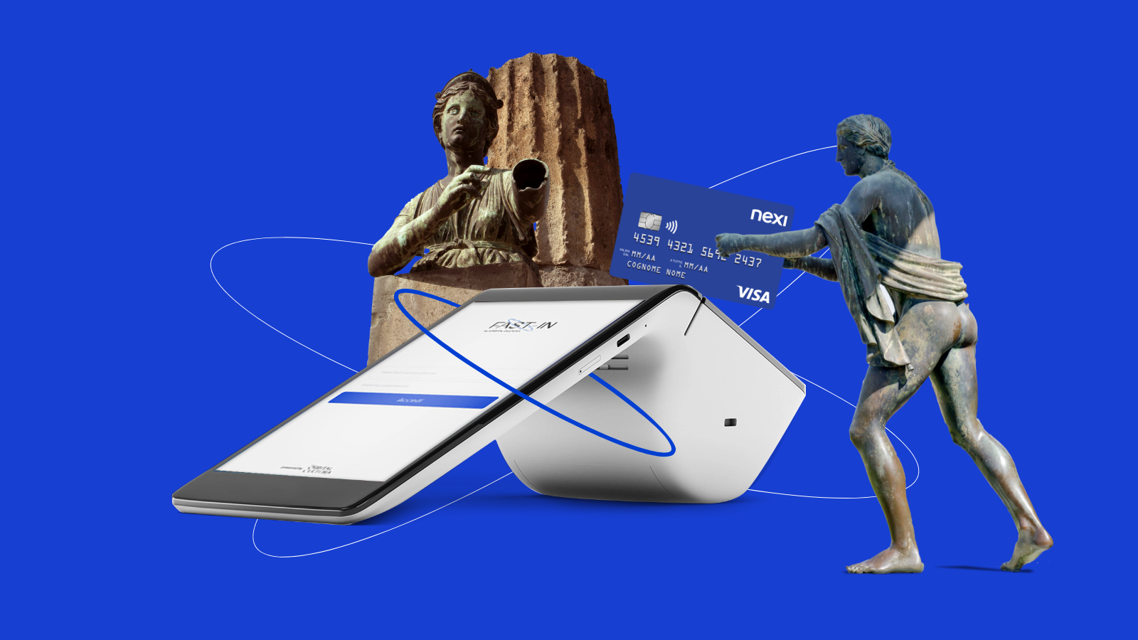 sistema fast-in per pagamento digitale biglietti e opere d'arte su fondo blu