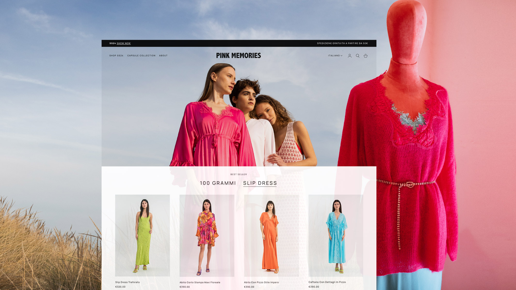 Schermata del sito di abbigliamento Pink Memories