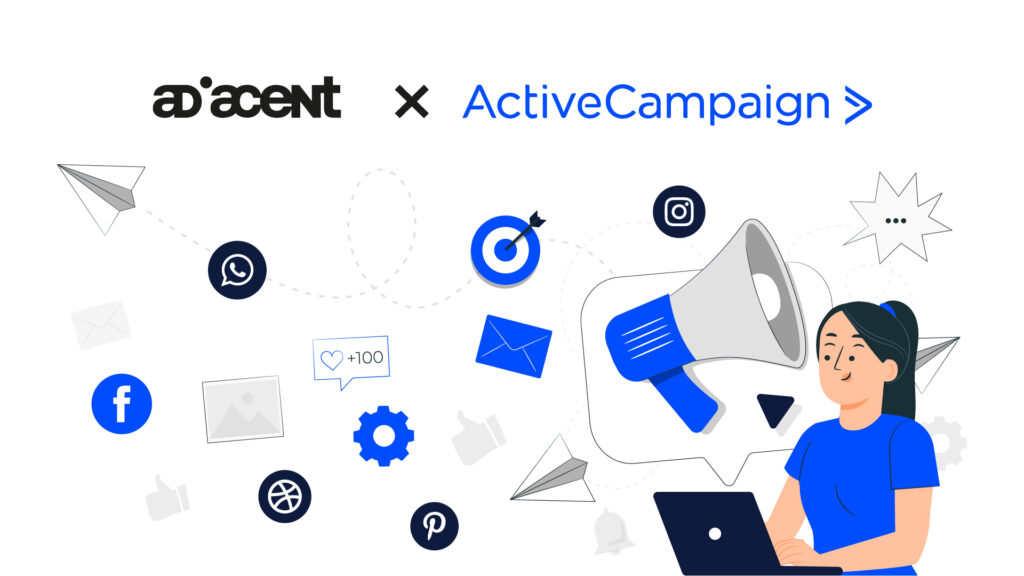 Adiacent x Active Campaign, disegno di vari smboli social e ragazza al computer