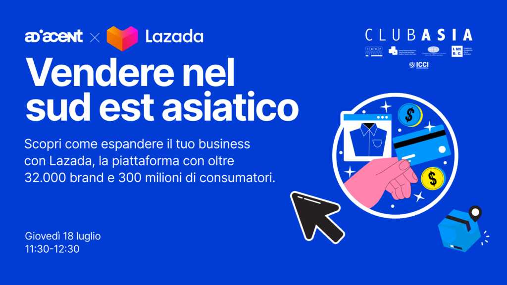 Grafica su sfondo blu con icone e-commerce, adiacent x Lazada: vendere nel sud est asiatico