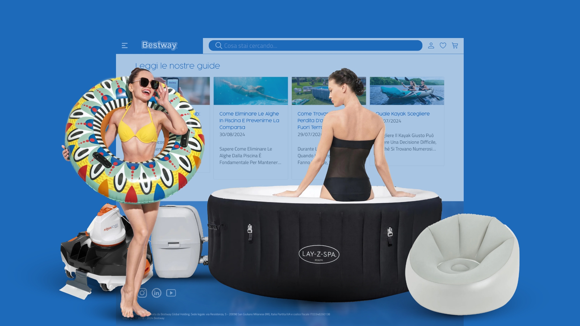 Schermata sito Bestway sullo sfondo, piscina idromassaggio gonfiabile in primo piano