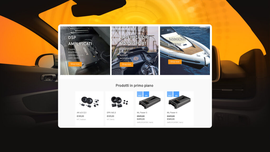 Schermata del sito Elettromedia: prodotti in primo piano, DSP Amplificati, Amplificatori Motorsport, Sorgenti Marine