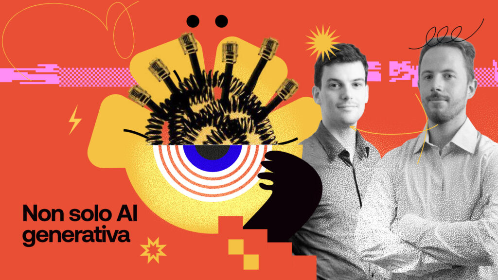 Simone Manetti e Cosimo Mancini su fondo arancio con elementi grafici. Non solo AI generativa.
