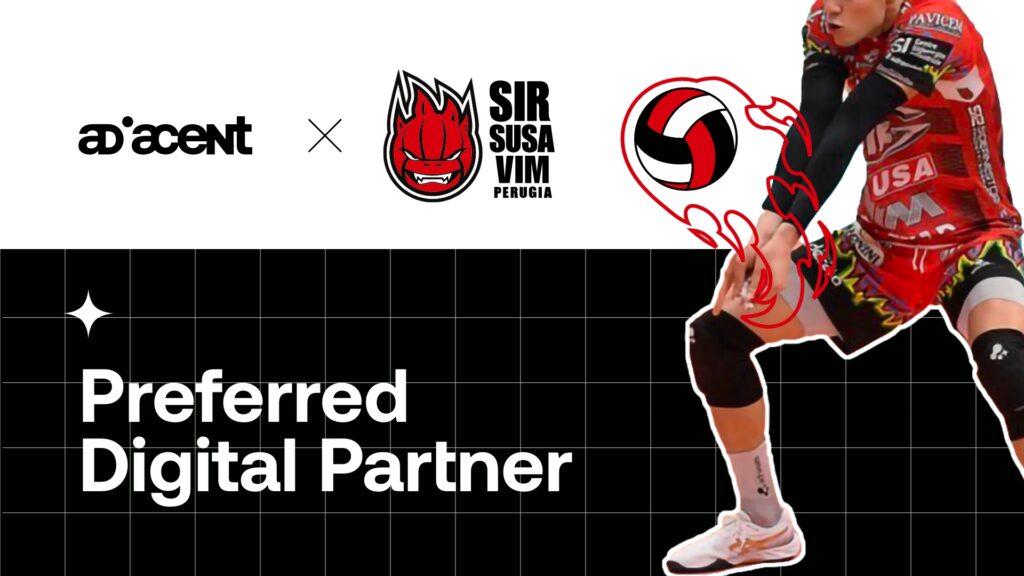 Adiacent x Sir Susa Vim Perugia. Preferred Digital Partner. Giocatore con maglia rossa e pallone disegnato.
