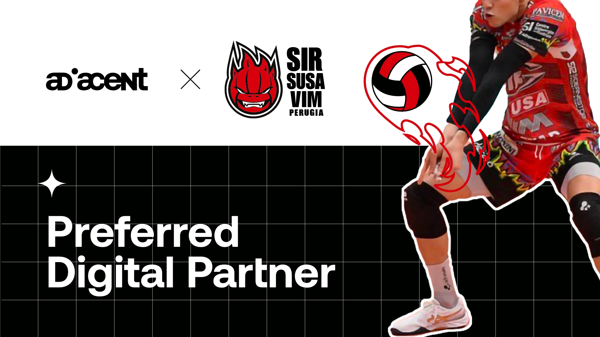 Adiacent x Sir Susa Vim Perugia. Preferred Digital Partner. Giocatore con maglia rossa e pallone disegnato.